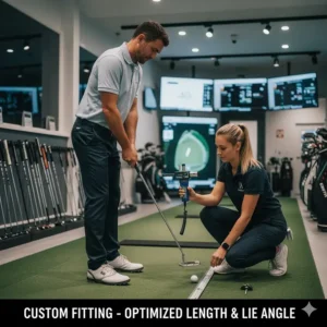 A golfer being fitted for a blade putter at a UK pro shop to determine the correct shaft length and lie angle.