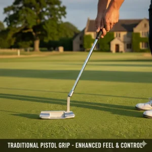 A traditional slim pistol grip fitted on a blade putter, a popular choice for British club golfers.