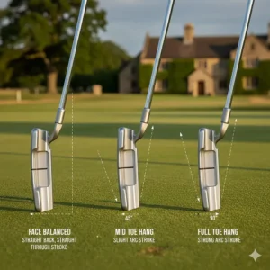 A diagram explaining toe hang in blade putters, essential for players with an arced putting stroke.