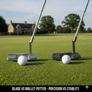 Side-by-side comparison of a sleek blade putter and a high-MOI mallet putter on a practice putting green.