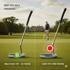 Graphic demonstrating the larger, more forgiving sweet spot of a mallet putter compared to the precision of a blade.