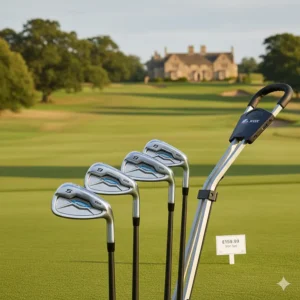 A sequence of cavity-back irons leaning against a golf trolley, ideal for golfers looking for a set under £200.