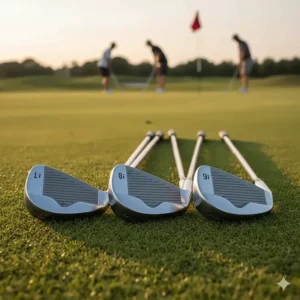 Close-up of cavity-back irons in a starter golf kit, ideal for new players seeking consistency.