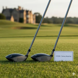 Three-wood and five-wood golf clubs displayed together, showcasing affordable fairway options in the UK.