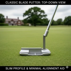 Top-down view of a traditional blade putter on a green, showcasing its slim profile and minimal alignment aids.