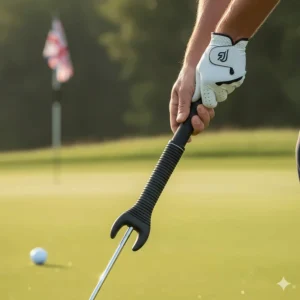 Close-up of a golfer's hands using a claw grip on a putter to stabilise the stroke and reduce yips on a UK golf course.