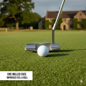 Close-up of a CNC milled face on a blade putter to improve feel and roll on UK parkland greens.