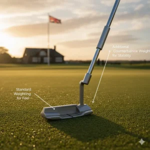 An annotated diagram of a counterbalanced putter showing additional weight distribution for a smoother, more stable stroke.