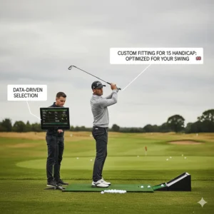 A golfer undergoing a custom fitting session at a UK driving range to find the perfect irons for a 15 handicap.