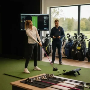 A female golfer undergoing a professional custom fitting session for ladies golf clubs in a UK pro shop.