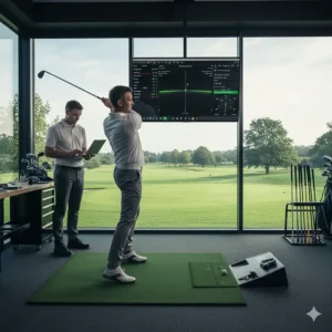 A golfer undergoing a professional club fitting session at a UK golf academy to find the best mid-handicap set.