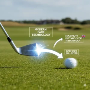 Infographic showing how modern face technology increases ball speed for golfers with a 15 handicap.