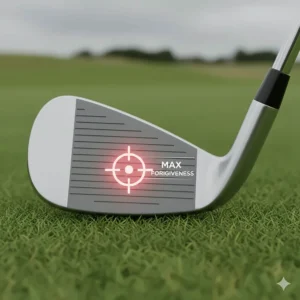 Close-up of a cavity-back iron showing a large sweet spot for improved forgiveness on off-centre hits.