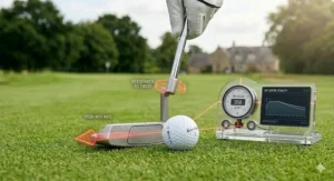 A stable mallet putter with high-contrast alignment aids resting on a UK green, designed to provide consistent roll and forgiveness on off-centre putts.