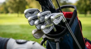 A golfer at a UK performance centre undergoing a digital launch monitor fitting to find the most forgiving golf clubs for their specific swing speed.
