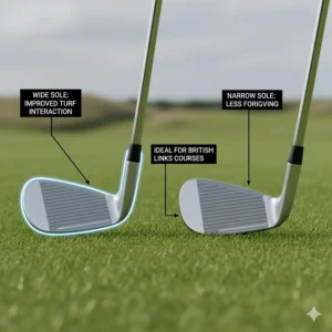 Illustration of a wider sole on a mid-handicap iron designed to improve turf interaction on British links courses.