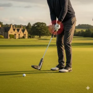 A visual representation of the putting yips showing a nervous twitch or tremor at the point of impact during a short putt.