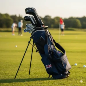 A durable navy blue golf stand bag featuring comfortable dual straps, part of a complete beginner set.