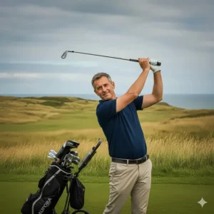 A British golfer using budget-friendly irons on a local links course, showcasing consistency and accessibility for high-handicap players.