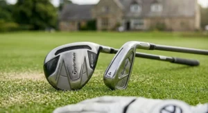 A side-by-side comparison of a forgiving 4-hybrid and a traditional long iron on a lush green fairway, illustrating the hybrid's easier-to-hit profile.