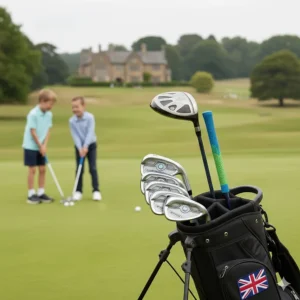 A range of junior beginner golf clubs sized for children, displayed on a practice putting green.