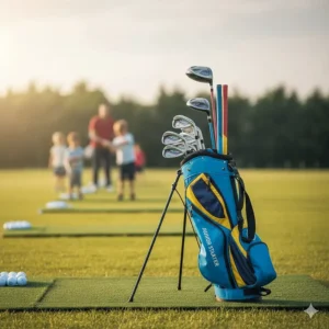 A set of junior golf clubs for children, scaled for height and ease of use at a UK driving range.
