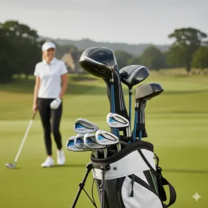 A set of ladies' beginner golf clubs featuring lightweight graphite shafts and stylish clubhead covers.