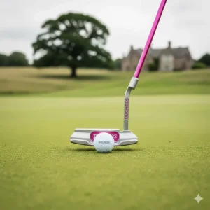 A modern mallet-style ladies golf putter positioned on a putting green at a UK golf resort.