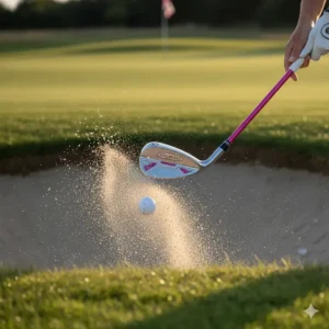 Close-up of a ladies golf sand wedge being used to play a shot out of a deep greenside bunker.