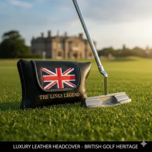 A classic leather headcover designed for a blade putter, reflecting the traditional aesthetic of UK golf heritage.