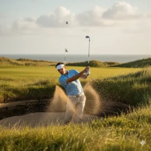 A golfer using a lob wedge to play a high-lofted escape shot from a deep, sod-walled pot bunker on a traditional UK links course.