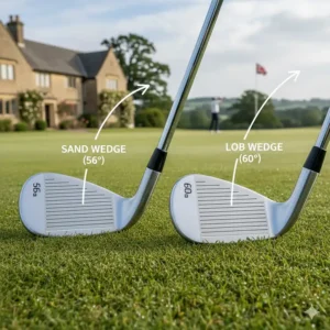 Side-by-side comparison of a 56-degree sand wedge and a 60-degree lob wedge on a UK golf course, illustrating the difference in clubface loft.