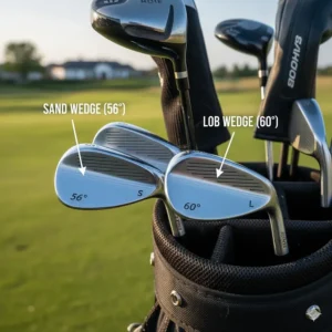 A view of a golf bag containing both a 56-degree sand wedge and a 60-degree lob wedge, showing how they fit into a standard UK club set.