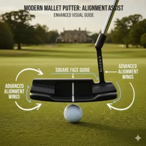 Close-up of a modern mallet putter featuring advanced alignment wings and visual guides for squaring the face.