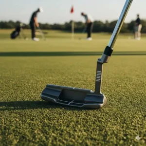 An easy-to-align mallet putter included in a men's beginner golf club set on a practice green.