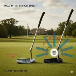 Technical illustration showing the high MOI and stability of a mallet putter head, highlighting its resistance to twisting.