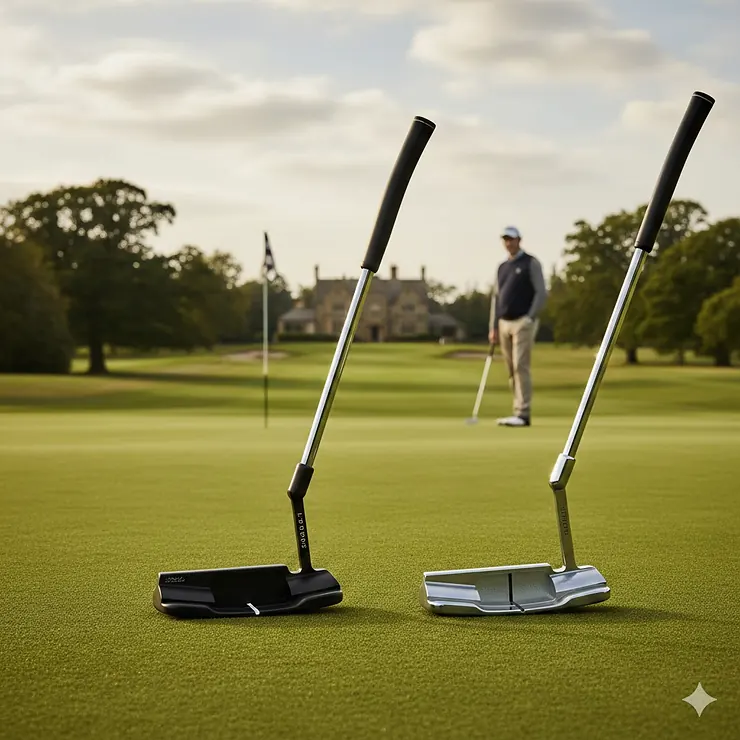 A high-quality comparison of a modern mallet putter and a classic blade putter on a manicured British golf green. mallet vs blade putter