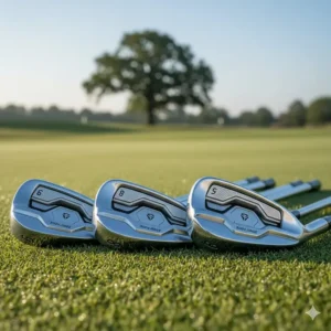 A close-up of cavity back irons designed for mid-handicap golfers offering forgiveness and distance.