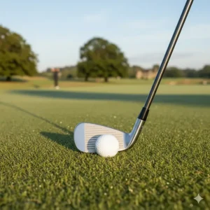 The top-down view of a mid-handicap iron at address, showing a confidence-inspiring thick top line.