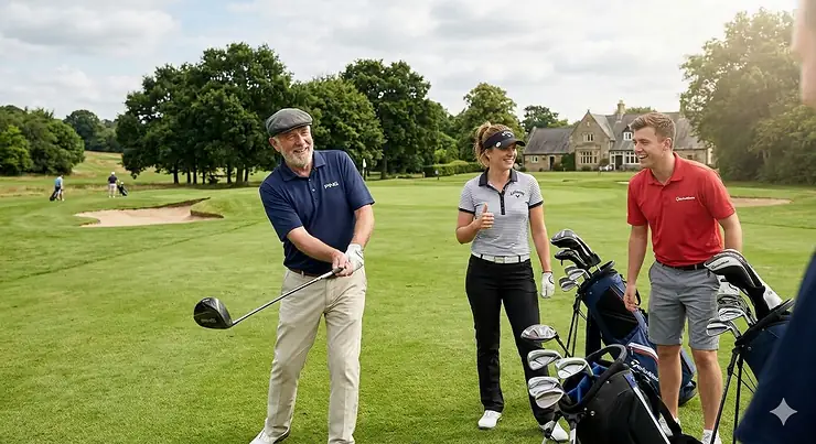 A diverse group of UK golfers using the most forgiving golf clubs of 2026 on a classic British parkland course near a traditional stone clubhouse. most forgiving golf clubs