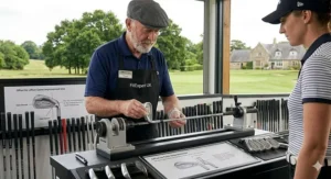 A technical close-up showing how an offset golf club head helps high-handicappers square the face at impact to reduce a slice and improve accuracy.