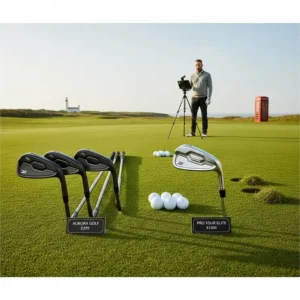 A side-by-side comparison of a £299 iron set and a premium brand, highlighting the value driver for UK golf enthusiasts.