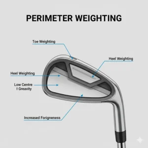 Illustration of perimeter weighting on a cast-construction iron, offering forgiveness for high handicappers in the UK.