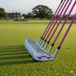A premium set of ladies golf irons lined up on a manicured fairway at a British golf club.