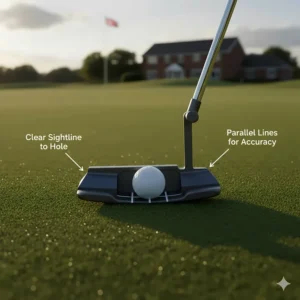 A top-down view of a putter showing parallel alignment aids and a clear sightline to help UK golfers with aim and setup anxiety.