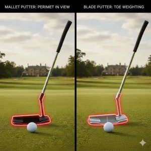 Diagram showing the perimeter weighting of a mallet putter versus the toe-weighted balance of a traditional blade.