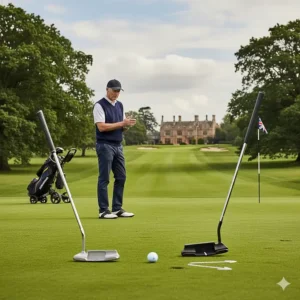 A golfer assessing a putt on a classic British parkland course, choosing between a mallet and a blade putter.