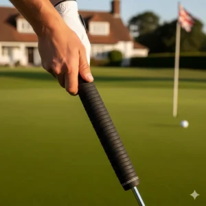 A close-up of an oversized, textured putter grip being held to prevent wrist breakdown during a putt on a British green.