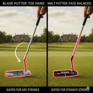Guide explaining toe-hang for arc strokes and face-balanced putters for straight-through strokes.