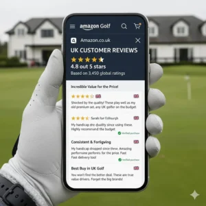 Graphic displaying positive five-star customer feedback from UK buyers on Amazon.co.uk regarding value-driver iron sets.